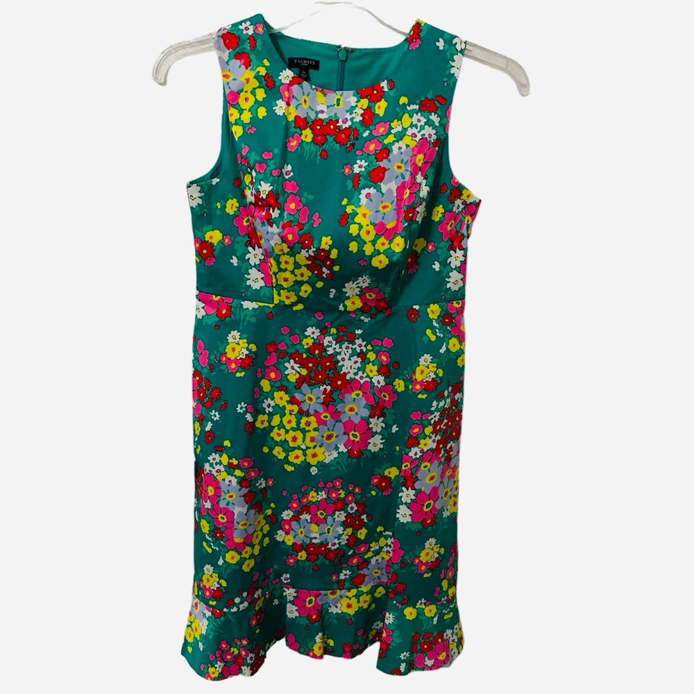 Talbots‎ Size 2P Green Pink Springtime Floral Sleeveless Satin Sheen Shift Dress